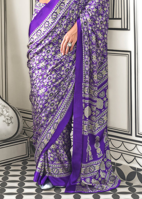 Bright Purple Ajrakh Satin Crepe Saree