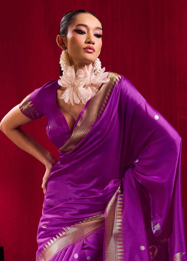 Bright Purple Banarasi Satin Silk Saree