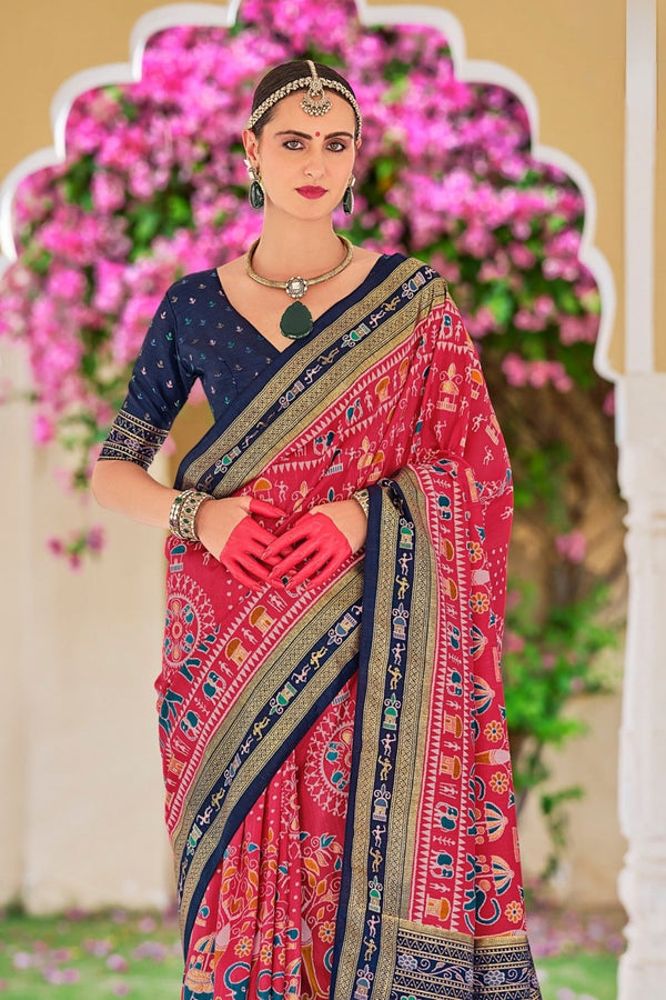 Bright Red and Navy Blue Patola Printed Silk Saree