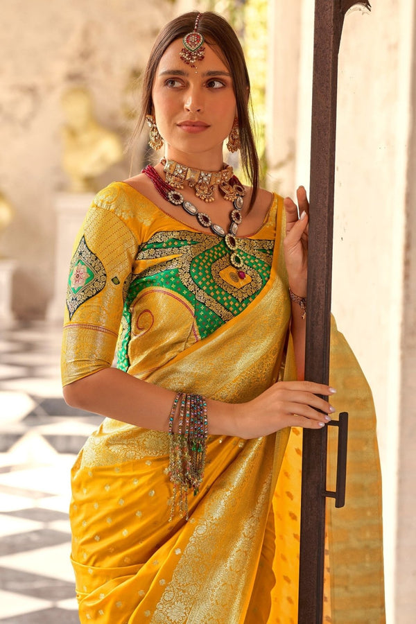 Bright Yellow Banarasi Soft Silk Saree With Gold Zari