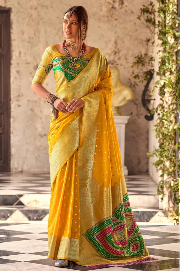 Bright Yellow Banarasi Soft Silk Saree With Gold Zari