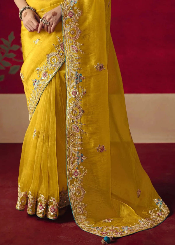 Bright Yellow Designer Silk Saree with Contrast Blouse
