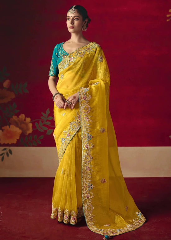 Bright Yellow Designer Silk Saree with Contrast Blouse