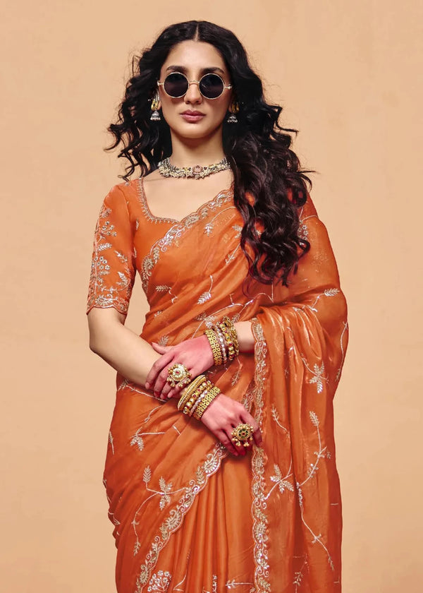 Burnt Orange Organza Silk Designer Saree