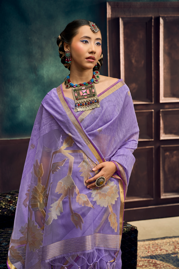 Lavender Banarasi Cotton Silk Saree