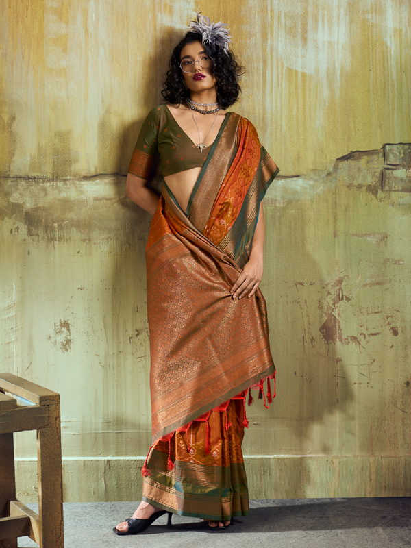 Rust Orange Kanjivaram Silk Saree With Contrast Blouse
