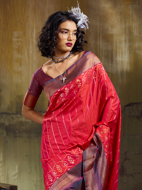 Crimson Red Kanjivaram Silk Saree With Contrast Blouse