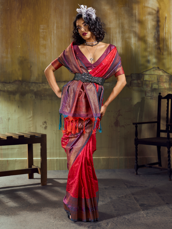 Crimson Red Kanjivaram Silk Saree With Contrast Blouse
