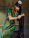 Sea Green Kanjivaram Silk Saree With Contrast Blouse
