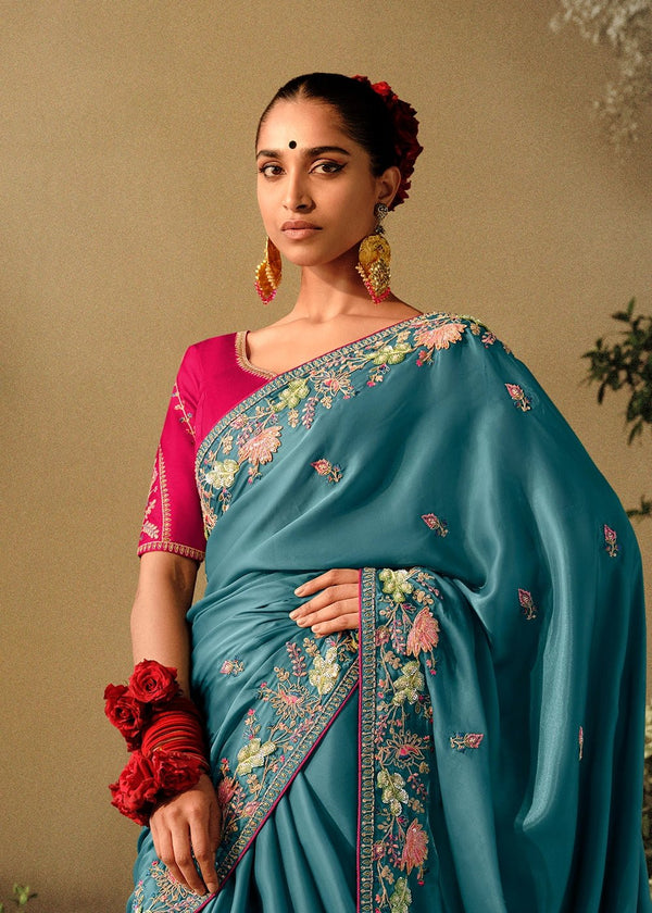 Cadet Blue Fancy Dola Silk Designer Saree