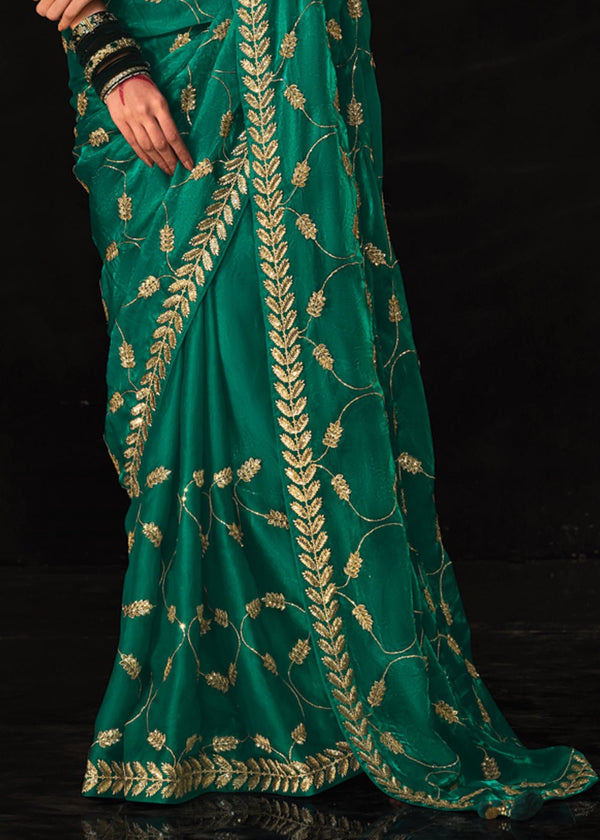 Cadmium Green Heavy Embroidery Designer Silk Saree
