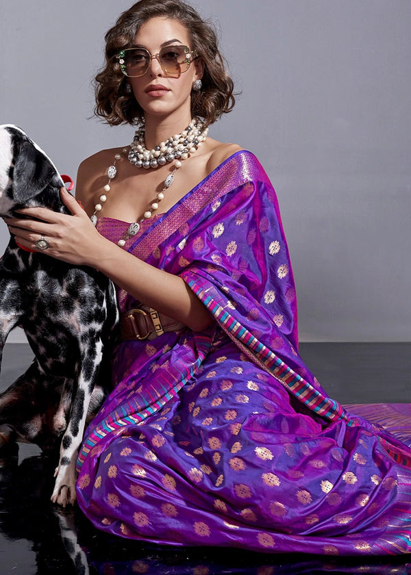 Cadmium Violet Silk Saree With Temple Border