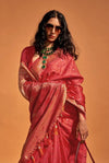Cardinal Red Handloom Satin Silk Saree