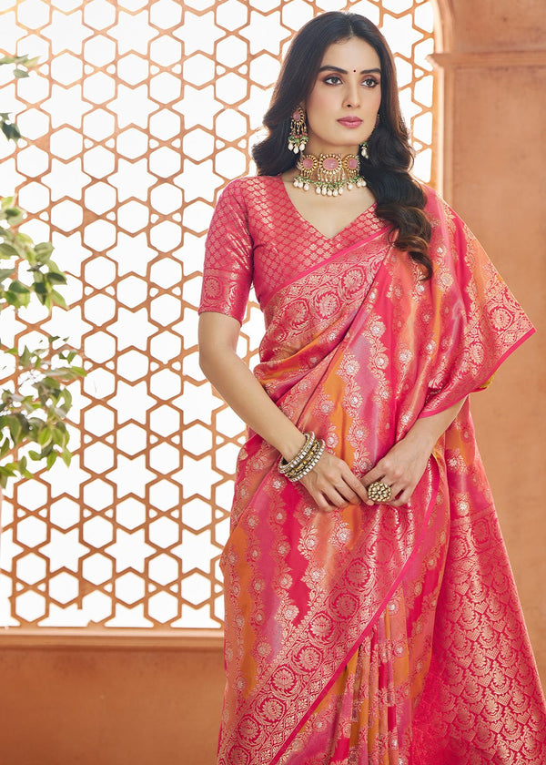 Carmine Pink Woven Banarasi Soft Silk Saree