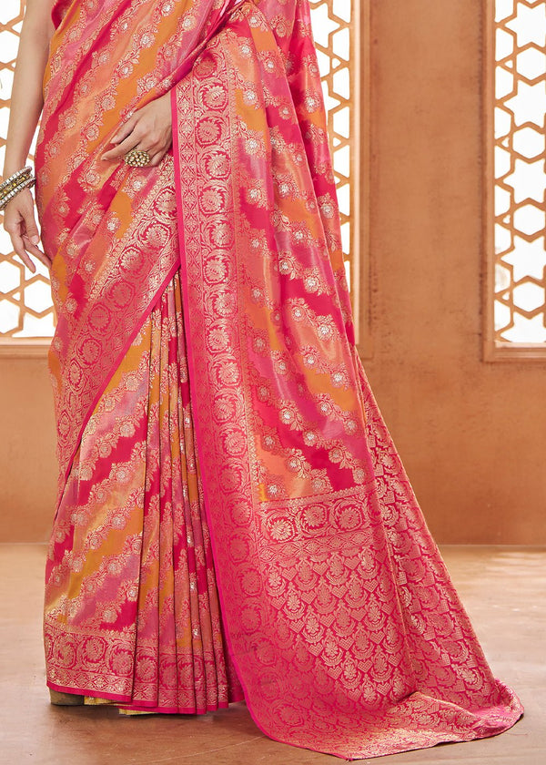 Carmine Pink Woven Banarasi Soft Silk Saree
