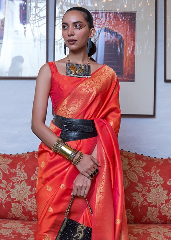Carnelian Orange Dual Tone Zari Woven Handloom Banarasi Silk Saree
