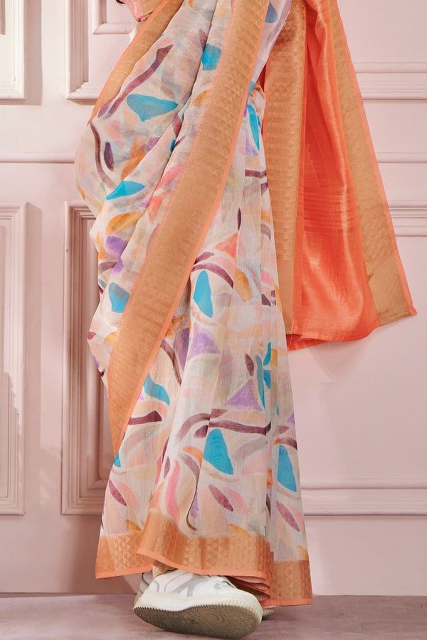 Carrot Orange Printed Silk Cotton Saree