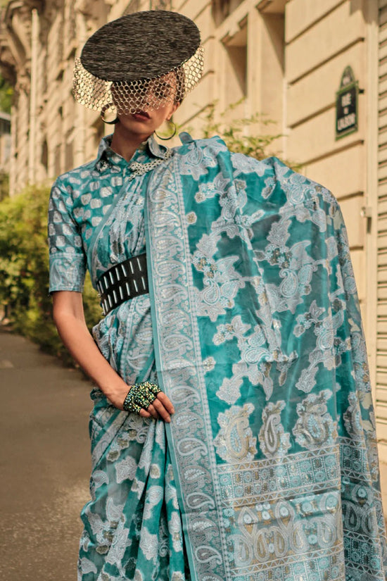 Celadon Green Lucknowi Chikankari Organza Saree