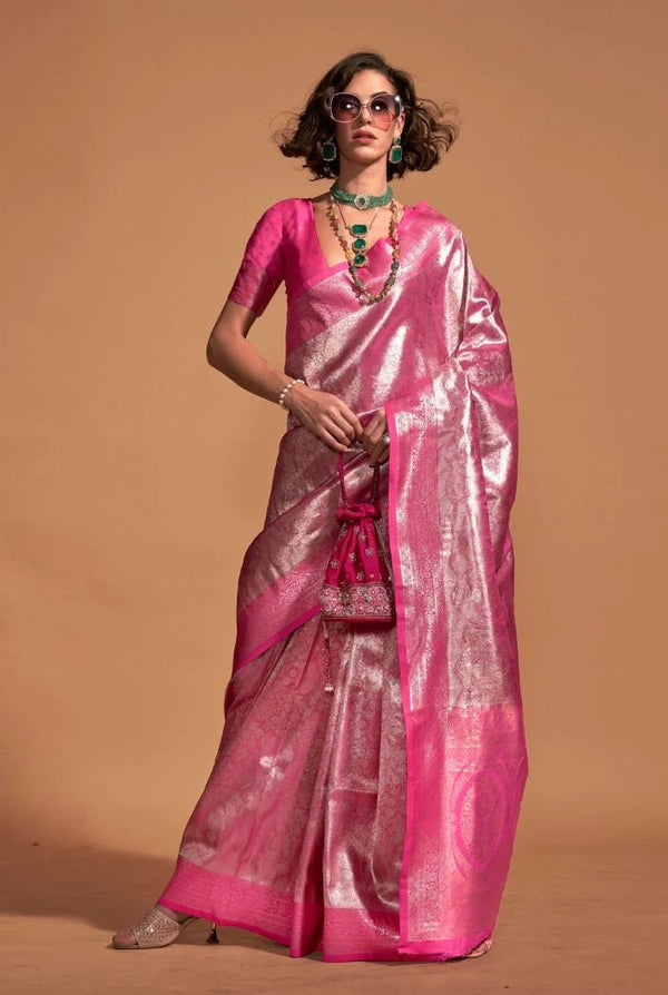 Cerise Pink Woven Kanjivaram Silk Saree