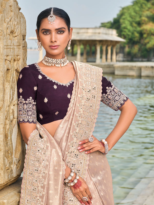 Champagne Beige Designer Silk Saree With Contrast Blouse