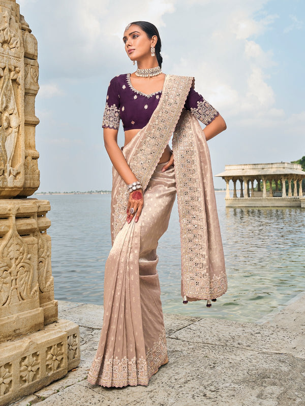 Champagne Beige Designer Silk Saree With Contrast Blouse
