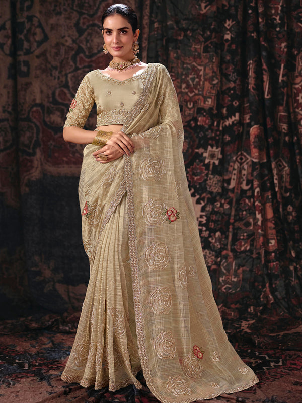 Champagne Beige Embroidered Designer Tissue Silk Saree