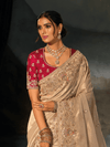 Champagne Embroidered Designer Tissue Silk Saree With Contrast Blouse
