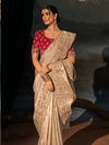 Champagne Embroidered Designer Tissue Silk Saree With Contrast Blouse