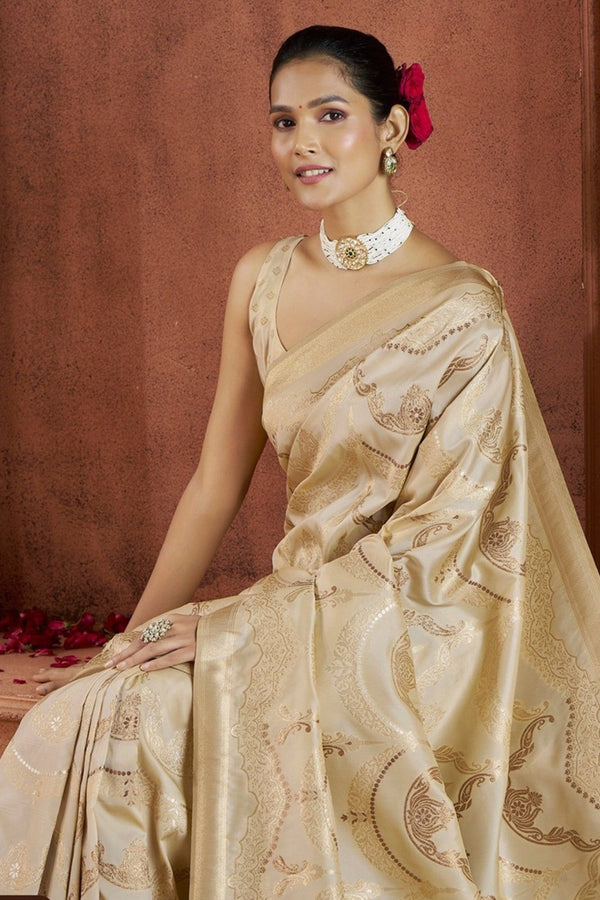 Champagne Gold Banarasi Saree With Zari Woven Motifs