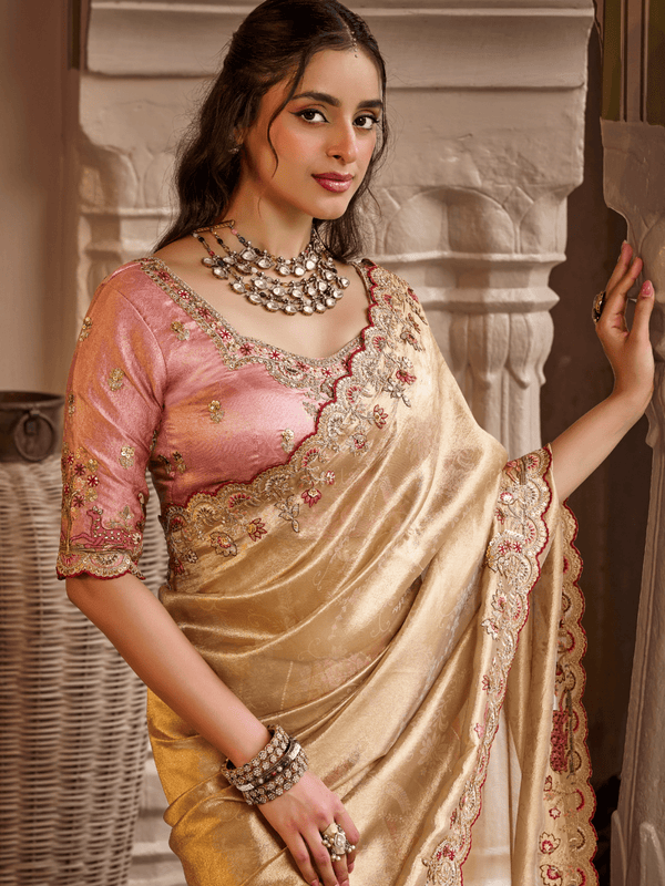 Champagne Gold Embroidered Designer Tissue Silk Saree