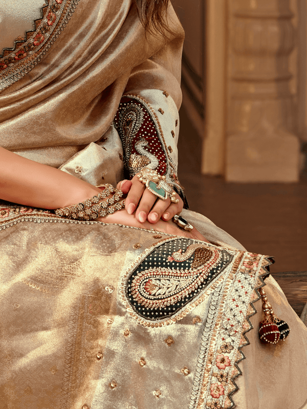 Champagne Gold Embroidered Designer Tissue Silk Saree