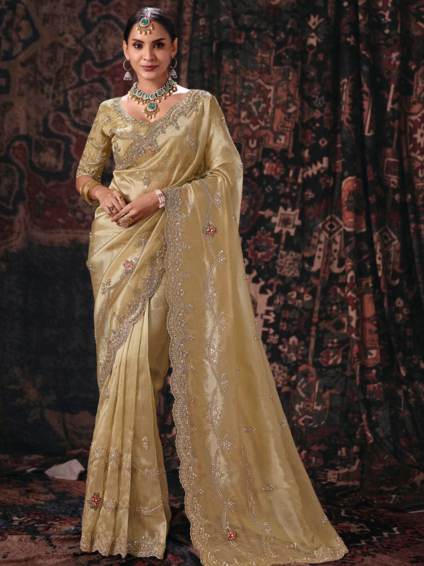 Champagne Gold Embroidered Designer Tissue Silk Saree