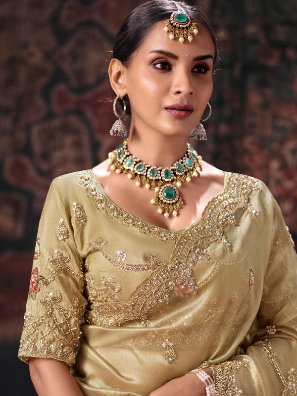 Champagne Gold Embroidered Designer Tissue Silk Saree, blouse close-up