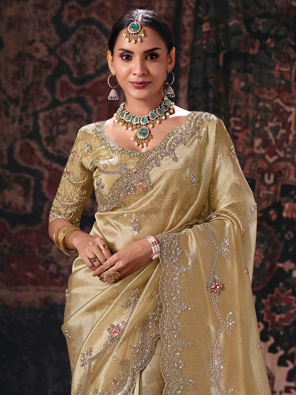 Champagne Gold Embroidered Designer Tissue Silk Saree, pallu and blouse