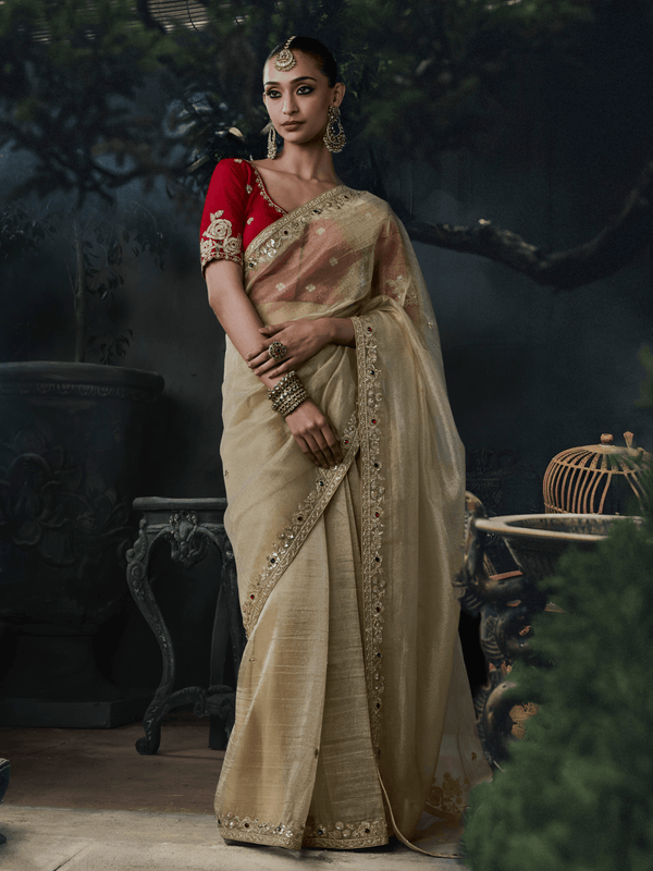 Champagne Gold Embroidered Designer Tissue Silk Saree With Contrast Blouse