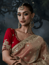 Champagne Gold Embroidered Designer Tissue Silk Saree With Contrast Blouse