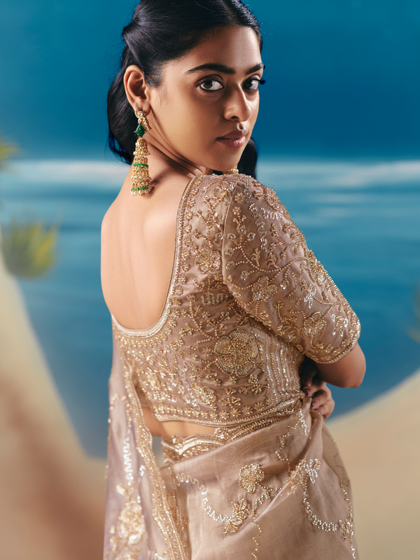 Beige Designer Organza Silk Saree