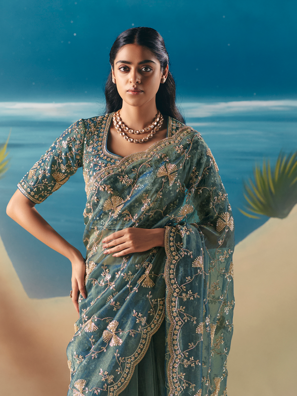 Teal Blue Designer Organza Silk Saree