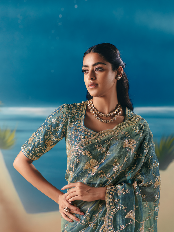 Teal Blue Designer Organza Silk Saree