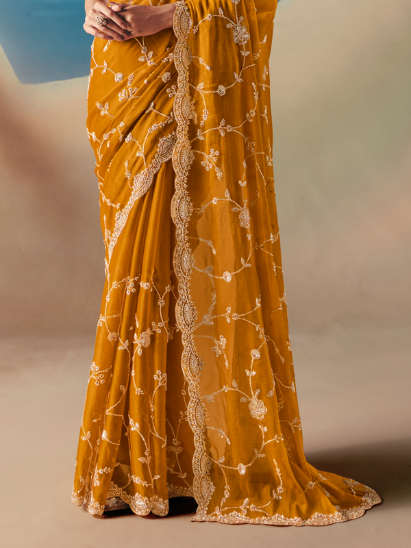 Mustard Yellow Designer Organza Silk Saree