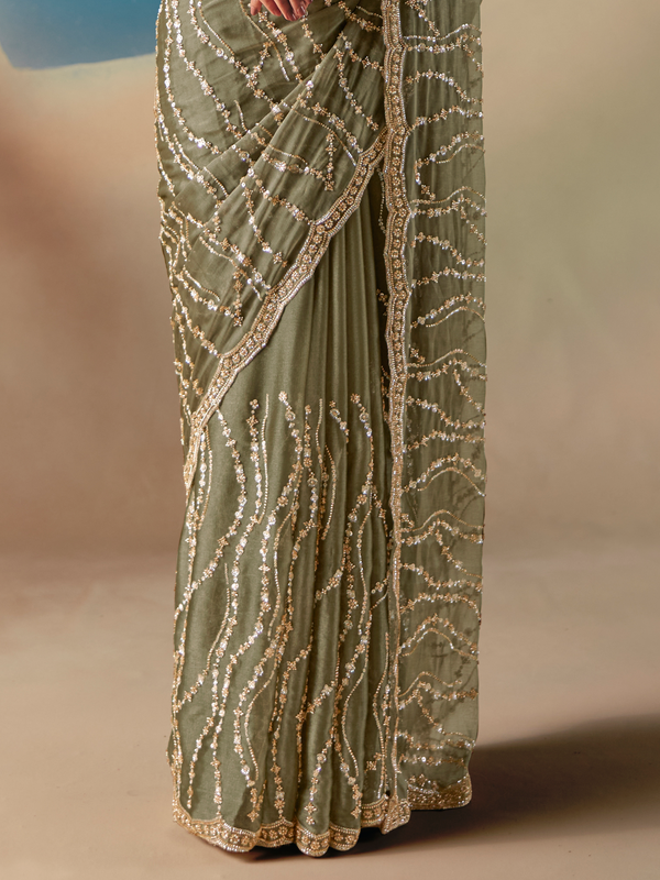 Sage Green Designer Organza Silk Saree