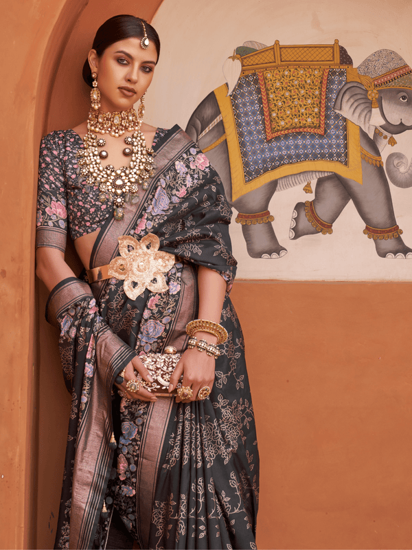 Charcoal Grey Banarasi Dola Silk Saree