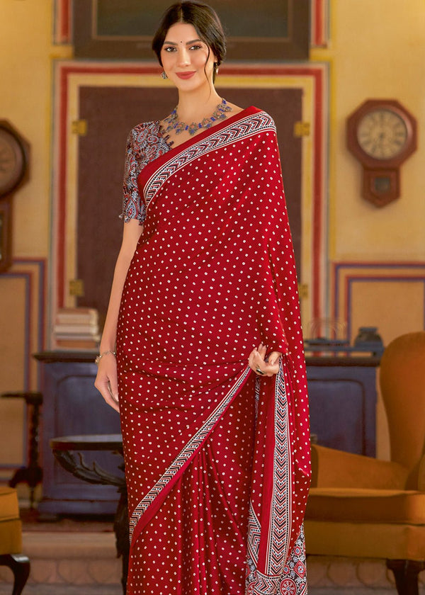 Cherry Red Ajrakh Printed Satin Crepe Saree