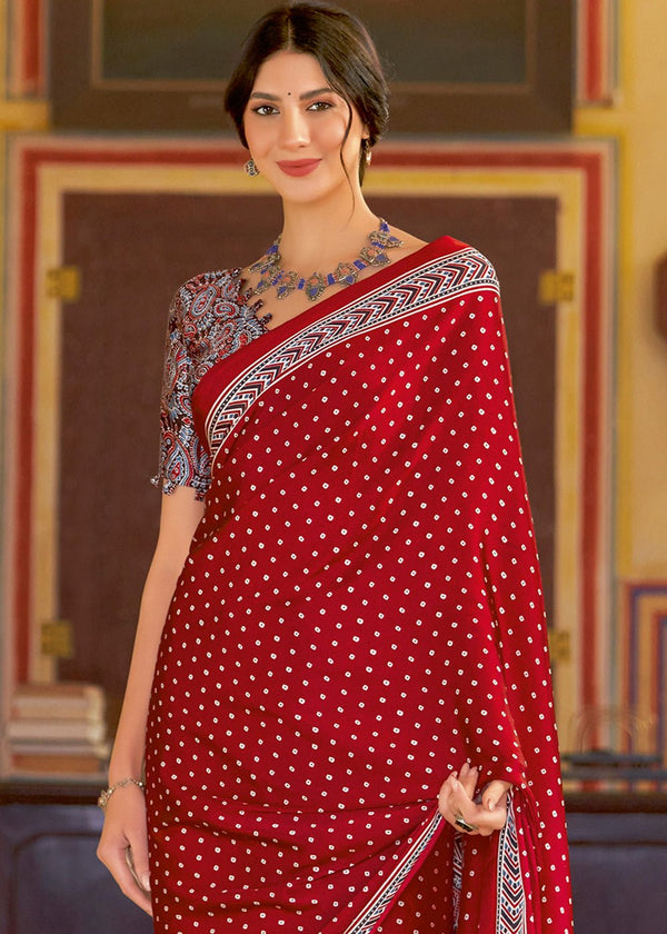 Cherry Red Ajrakh Printed Satin Crepe Saree