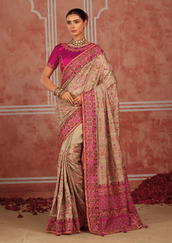 Chiku Beige Embroidered Designer Satin Silk Saree