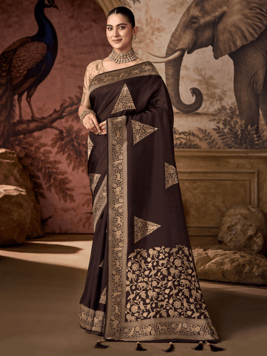 Chocolate Brown Banarasi Soft Silk Saree With Contrast Blouse