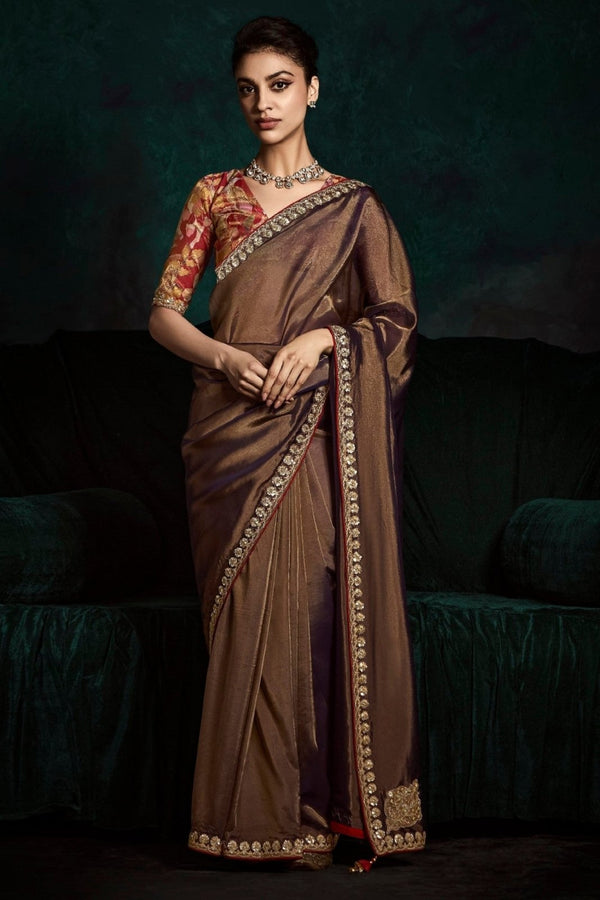 Chocolate Brown Designer Organza Saree with Embroidery Border