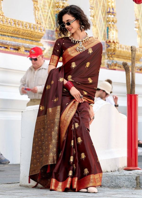 Chocolate Maroon Banarasi Satin Silk Saree