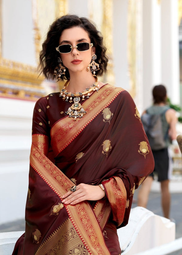 Chocolate Maroon Banarasi Satin Silk Saree