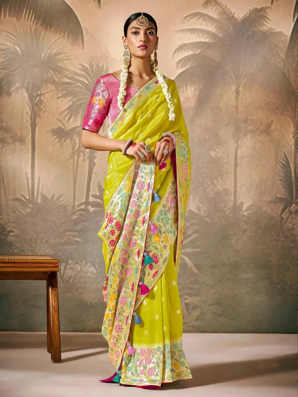 Citrine Green Zari Woven Paithani Banarasi Silk Saree
